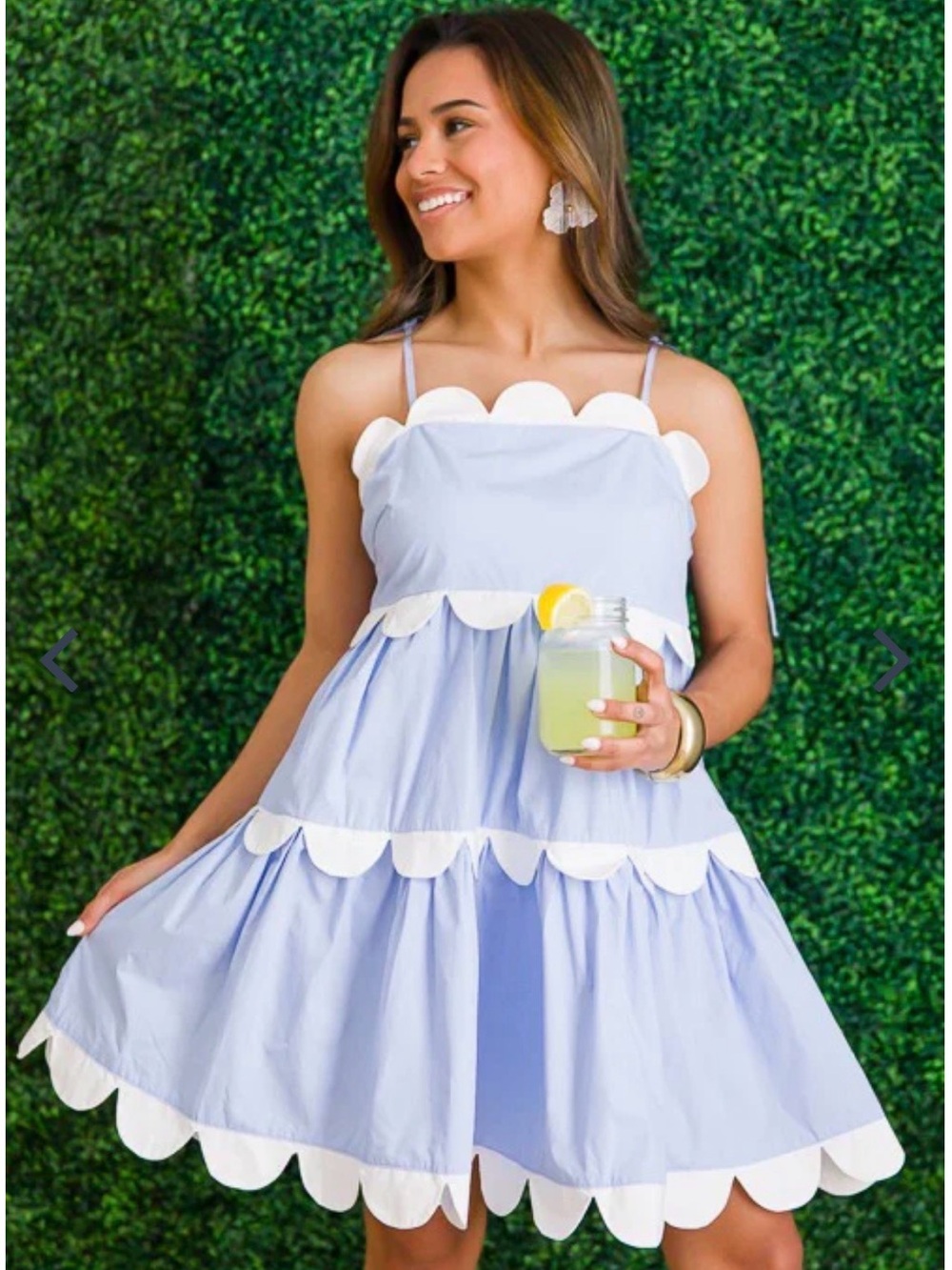 Main Strip Blue Scallop Edge Babydoll Dress Blue & White Tiered Dress Size Small
